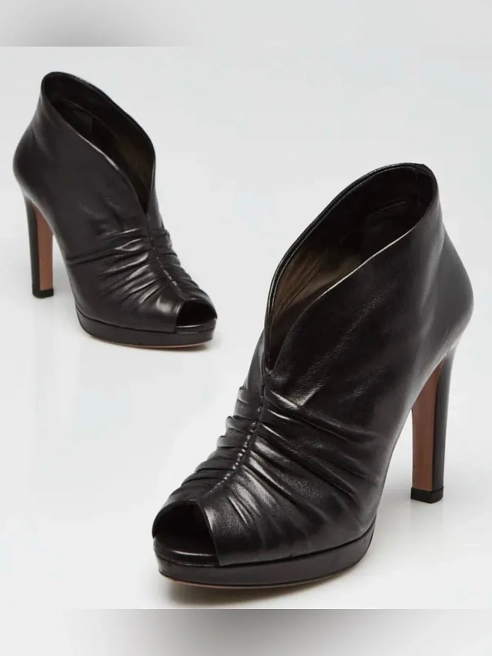Prada Black rushed Leather Peep-Toe Ruched High Heel Booties size 37